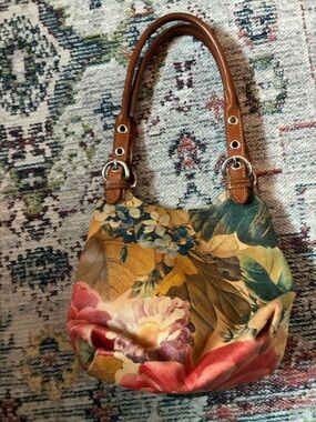 Vintage Ceoni Piero Floral Print Hand Bag - Brown Leather Handles